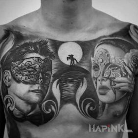 Tattoo Masked ball on the chest motif: faces style: realistic