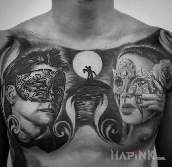 Tattoo Bal maskowy in faces motif and realistic style on the chest