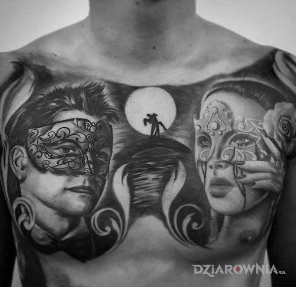 Tatuaż bal maskowy w motywie twarze i stylu realistyczne na klatce