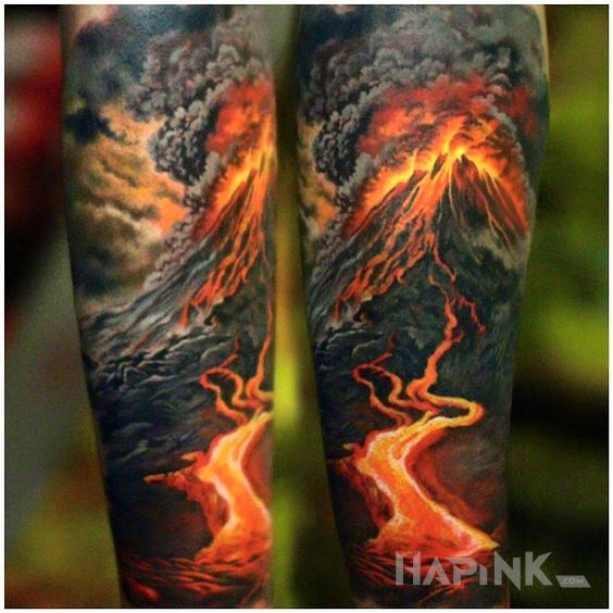 Tattoo Potok lawy in colorful motif and realistic style on the forearm