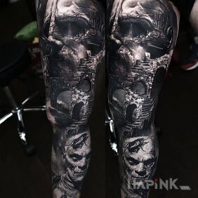 Tattoo Prometheus on the knee motif: faces style: realistic