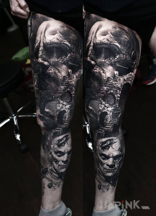 Tattoo Prometeusz in faces motif and realistic style on the leg
