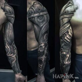 Tattoo Muscle and machine on the forearm motif: sleeves style: biomechanics