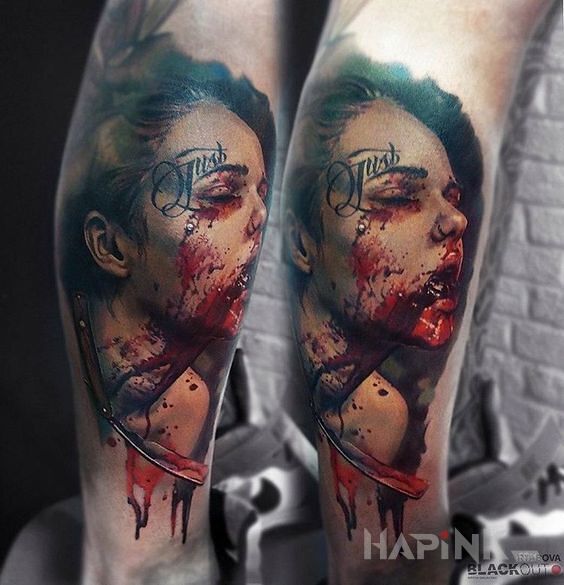 Tattoo Zakrwawiona in 3D motif and realistic style on the calf
