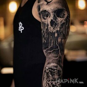 Tattoo Skull-sleeve on the forearm motif: skulls style: realistic