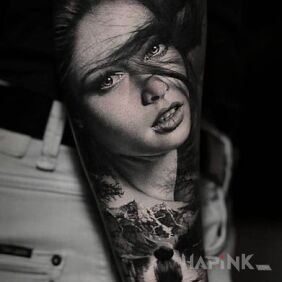 Tattoo Girl on the forearm motif: faces style: realistic