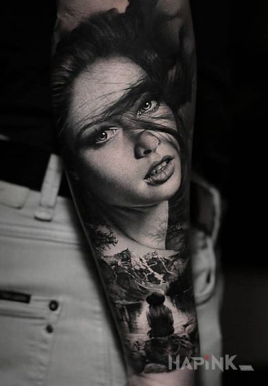 Tattoo Girl in 3D motif and realistic style on the forearm
