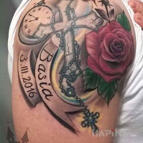 Tattoo Cross with banners, clock and rose on the upper arm motif: other