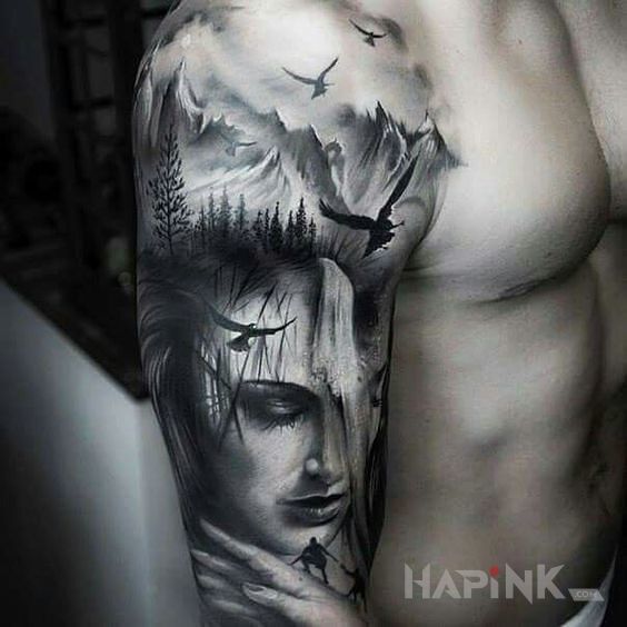 Tattoo Wodospad w głowie in nature motif and realistic style on the upper arm