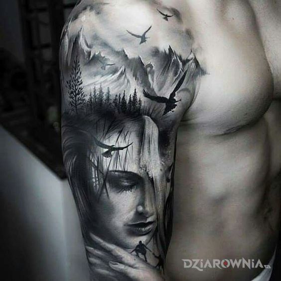 Tatuaż wodospad w głowie w motywie postacie na ramieniu