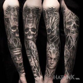 Tattoo Darkness and skull on the forearm motif: 3D style: realistic
