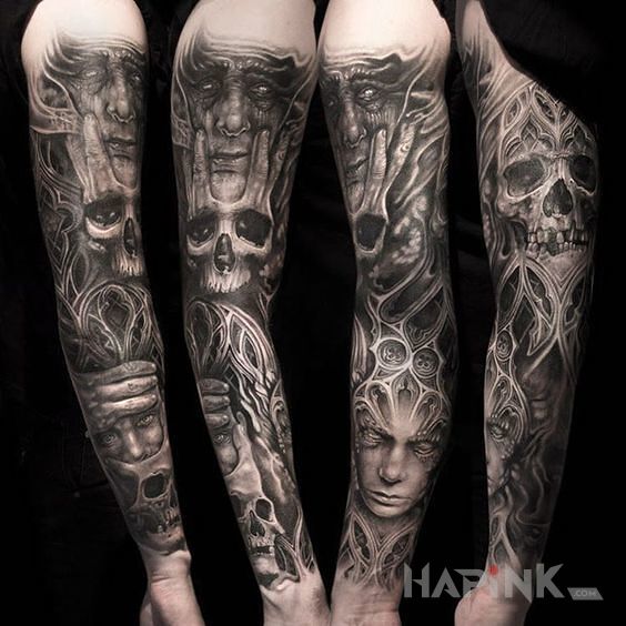 Tattoo Mrok i czaszka in sleeves motif and realistic style on the forearm