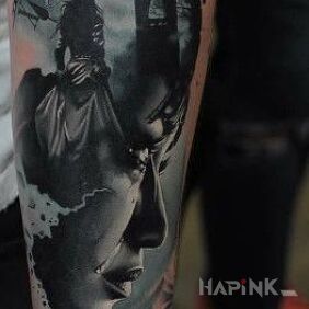 Tattoo Miss on the forearm motif: colorful