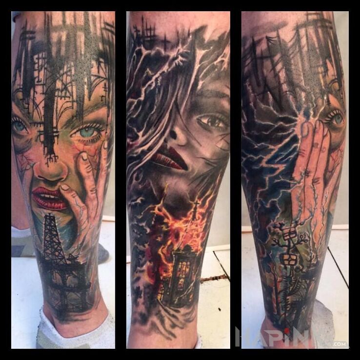 Tattoo HISTORIA 3 in faces motif on the leg