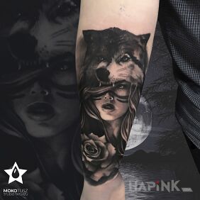 Tattoo Wolf, portrait or rose? on the forearm motif: faces style: realistic