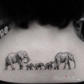 Tattoo Family of elephants on the back motif: animals