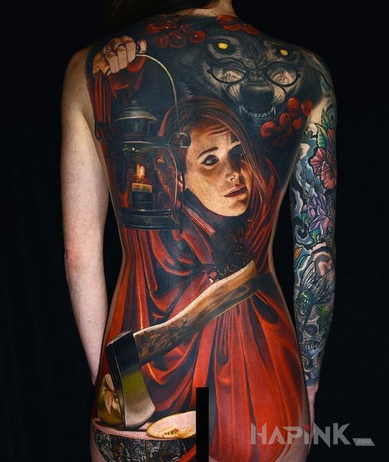 Tattoo Czerwony kapturek in characters motif and realistic style on the shoulder blades