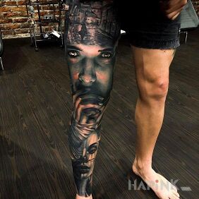 Tattoo Sleeve on the leg on the leg motif: faces style: realistic