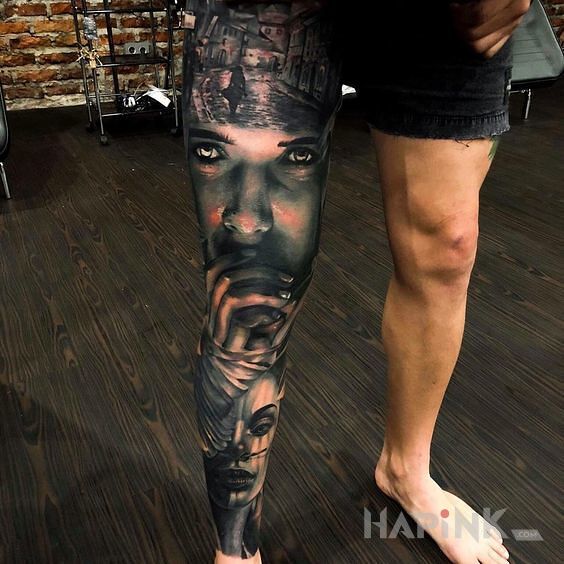 Tattoo Rękaw na nodze in sleeves motif and realistic style on the calf
