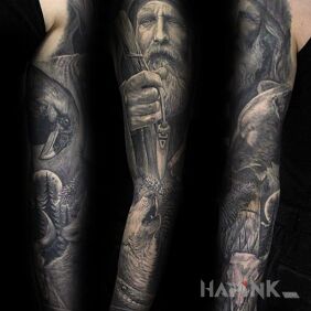 Tattoo Grandpa on the forearm motif: faces style: realistic