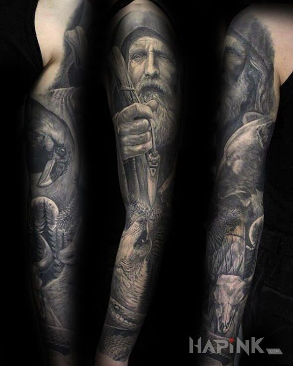 Tattoo Dziadek in sleeves motif and realistic style on the forearm