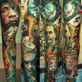 Tattoo Jokers on the forearm motif: colorful style: realistic