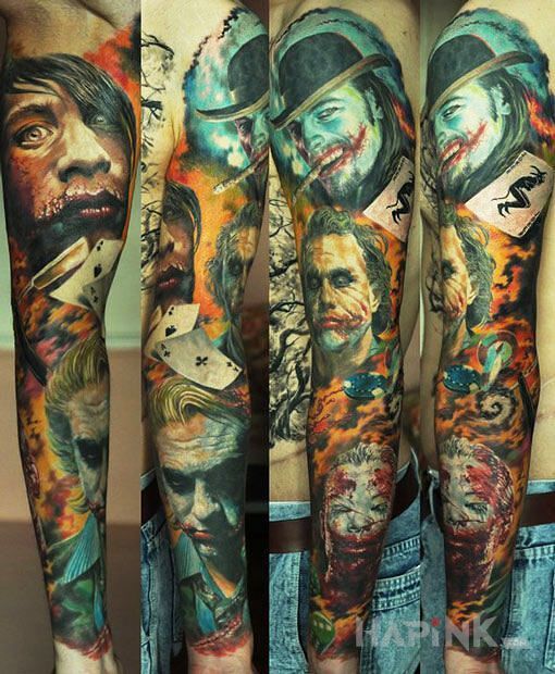 Tattoo Jokery in colorful motif and realistic style on the forearm