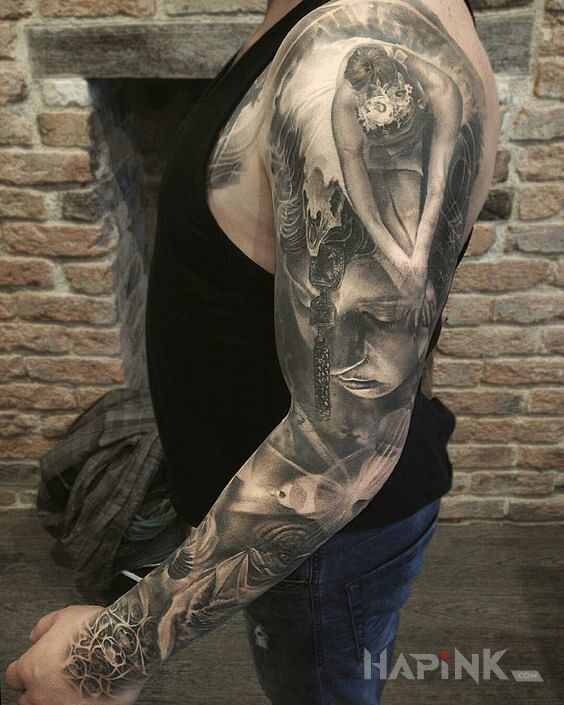 Tattoo Baletnica in sleeves motif and realistic style on the forearm