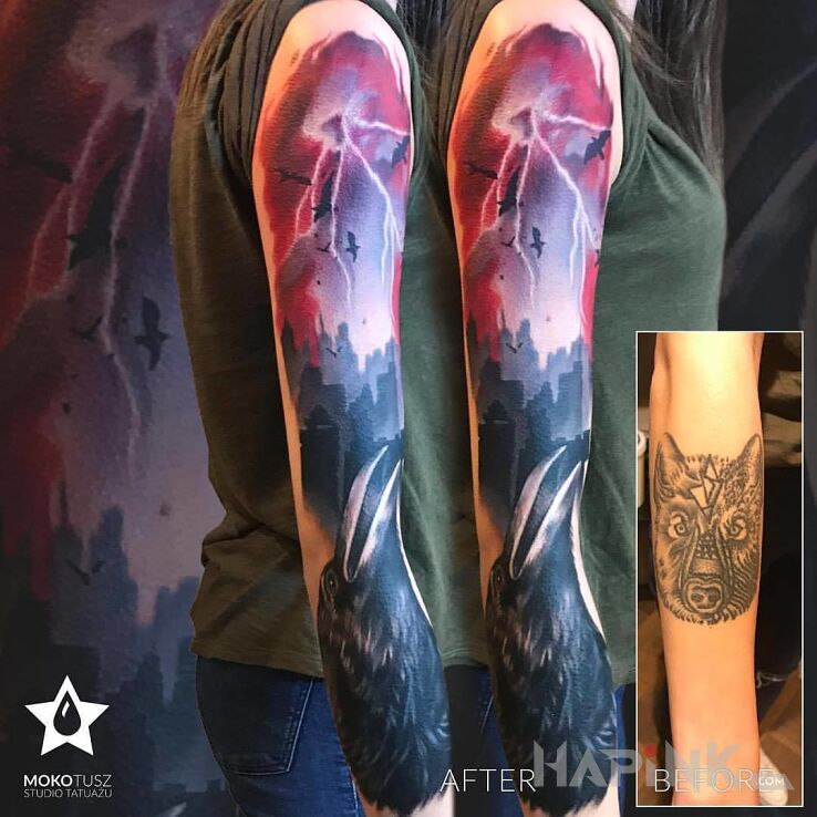 Tattoo Cover up - odważny rękaw damski in colorful motif on the upper arm