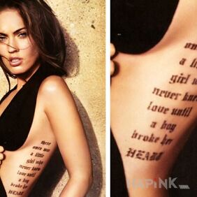 Tattoo Megan Fox writing on ribs on the ribs motif: lettering
