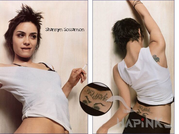 Tattoo Shannyn Sossamon - oczy na plecach + napis believe in Shannyn Sossamon motif on the back
