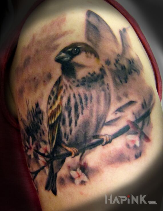 Tattoo Wróbelek :) in animals motif on the upper arm
