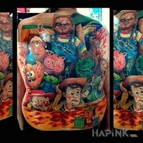 Tattoo Carnage of toys on the back motif: characters