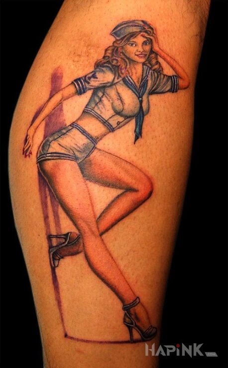 Tattoo Pin up girl 4 in characters motif on the calf