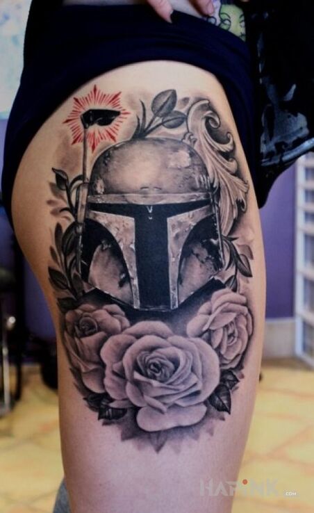 Tattoo Star wars in flowers motif and realistic style on the leg