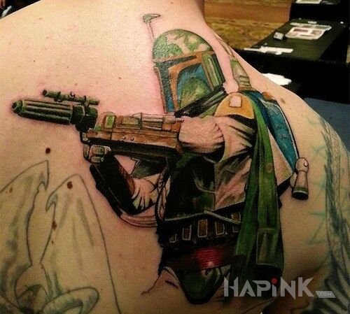 Tattoo Boba Fett in characters motif on the back