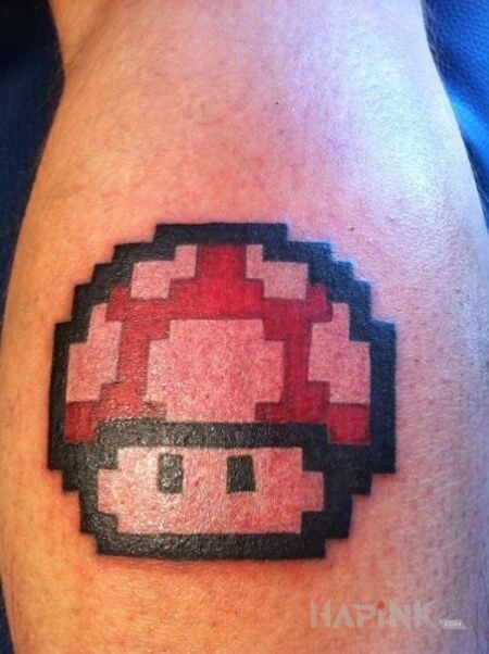 Tattoo Grzybek z mario in characters motif on the calf