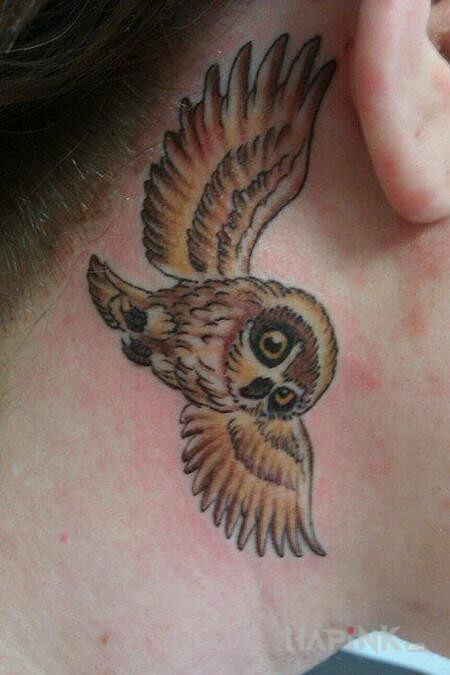 Tattoo Sowa in colorful motif behind the ear