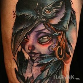 Tattoo Raven girl on the upper arm motif: characters