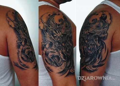 Tatuaż orientalny smok w motywie smoki i stylu japońskie / irezumi na ramieniu