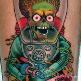 Tattoo Ufo on the forearm motif: characters