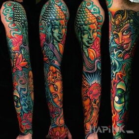 Tattoo Buddhist deities on the upper arm motif: sleeves