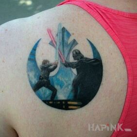 Tattoo Darth Vader and Luke Skywalker on the shoulder blades motif: characters