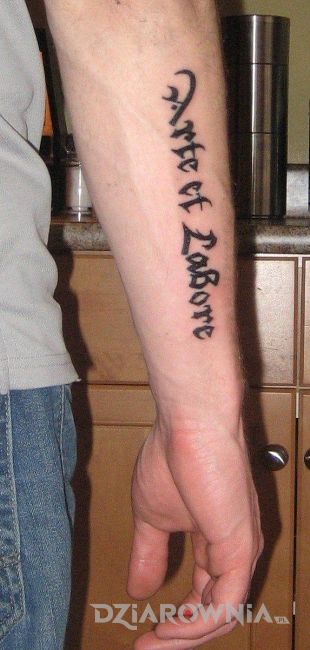 Tatuaż napis po łacinie na przedramieniu u mężczyzny