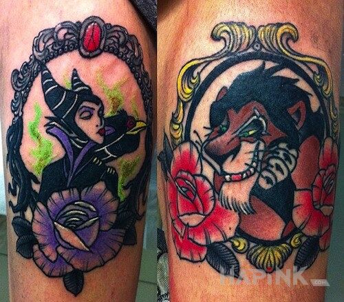 Tattoo Czarownica i Skaza in characters motif on the leg