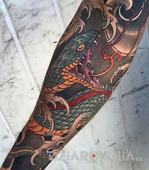 Japoński tatuaż z wężem w kolorze na męskim przedramieniu