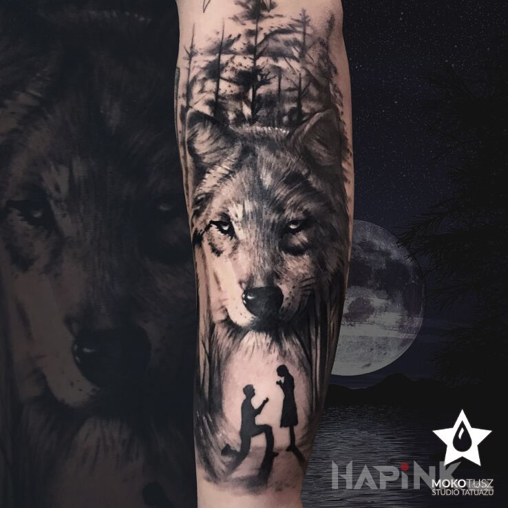 Tattoo Wyjątkowy wilk na wyjątkową okazję :D in Love motif and realistic style on the forearm