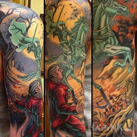 Tattoo Headless Horseman on the upper arm motif: characters