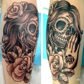 Tattoo Mexican women's skullcap on the forearm motif: santa muerte