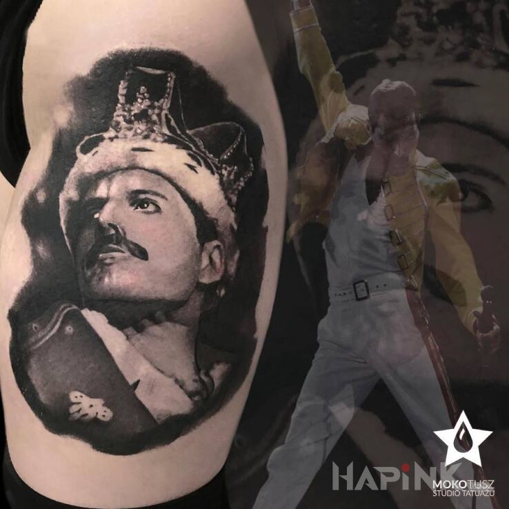 Tattoo Film w kinach, Freddie na udzie :) in faces motif and realistic style on the leg